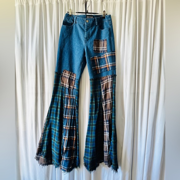 Dolls Kill Pants - Dolls Kill Blue Plaid Patchwork Flare Pants
